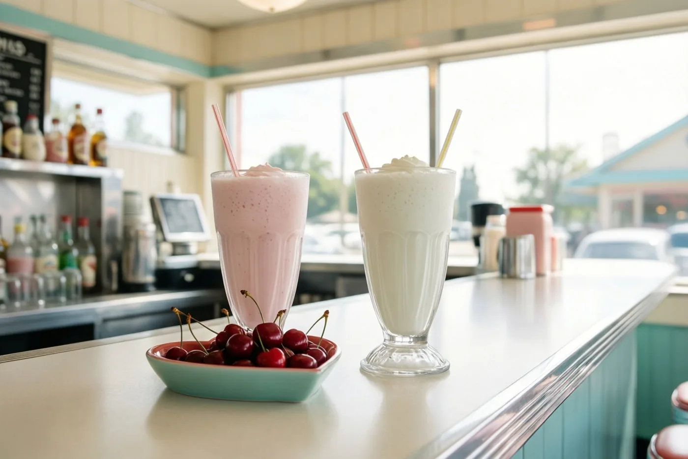 Twee milkshakes in hoge glazen met rietjes staan naast een schaal kersen op de toonbank van een vrolijk verlichte melkbar in jaren-vijftigstijl.