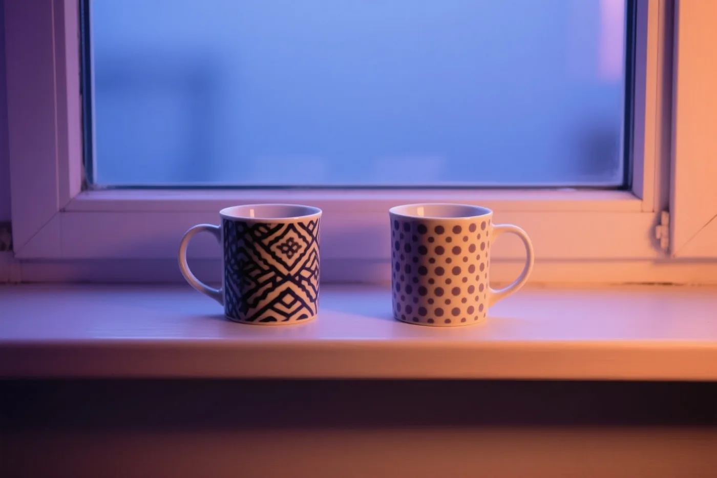 Twee keramieken mokken met verschillende patronen staan naast elkaar op een vensterbank in warm oranje en koelblauw licht.