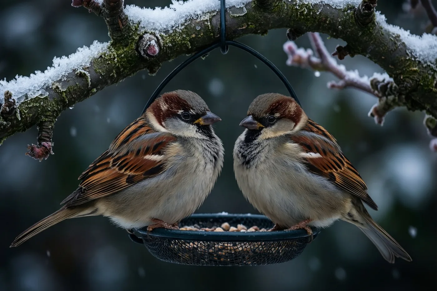 Twee mussen zitten op een zwarte voederhouder van gaas vol zaden die aan een besneeuwde boomtak hangt, terwijl sneeuw valt tegen een wazige achtergrond.