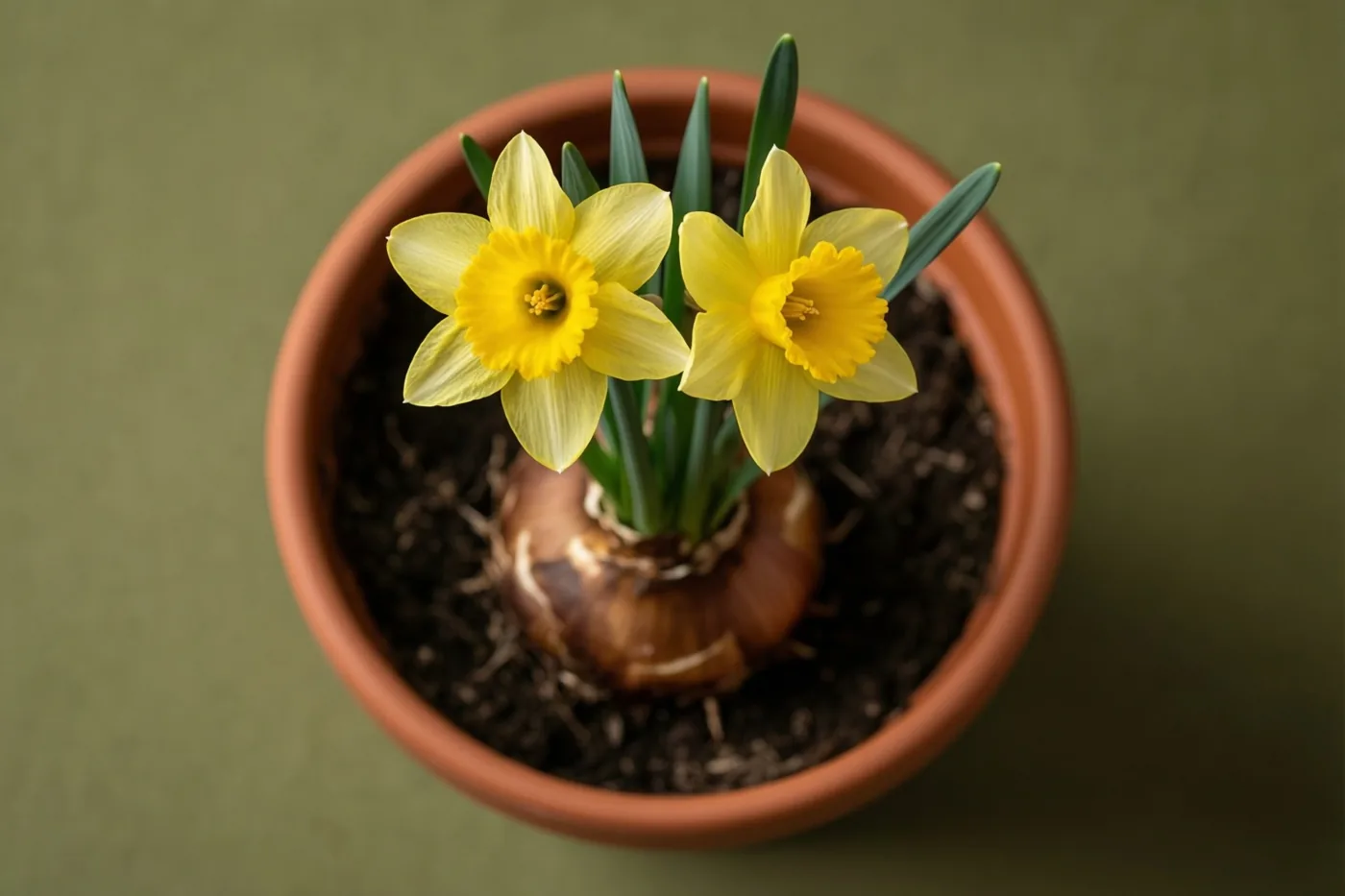 Twee gele narcissen bloeien uit één bol in een terracotta pot tegen een gedempte groene achtergrond.