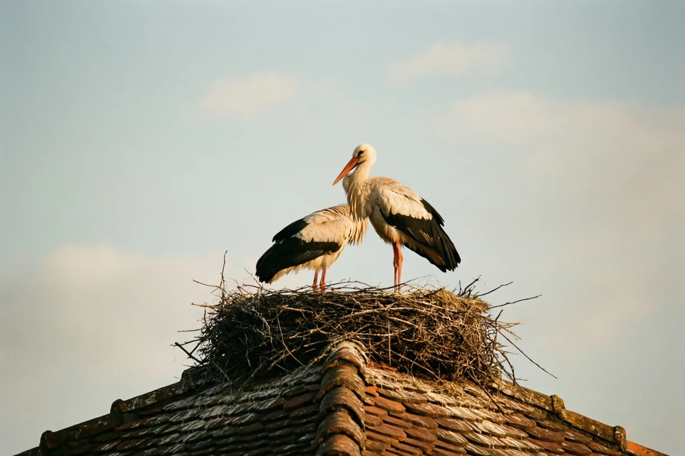 Twee witte ooievaars met zwarte vleugels staan op een groot nest op een pannendak onder een lichtblauwe hemel.