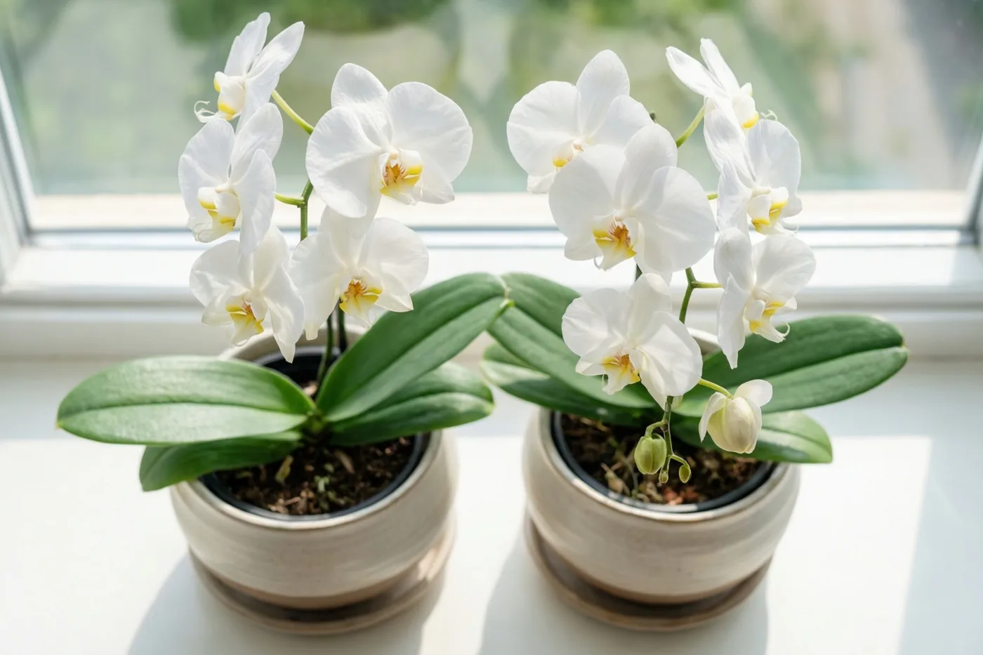 Twee witte orchideeën in potten staan met hun groene bladeren naast elkaar op een vensterbank in natuurlijk licht.
