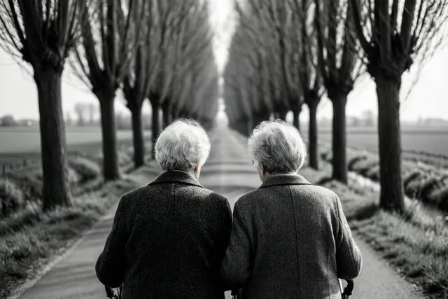 Een zwart-witfoto toont twee oudere mensen met wit haar van achteren terwijl ze over een verharde weg met knotwilgen wandelen.