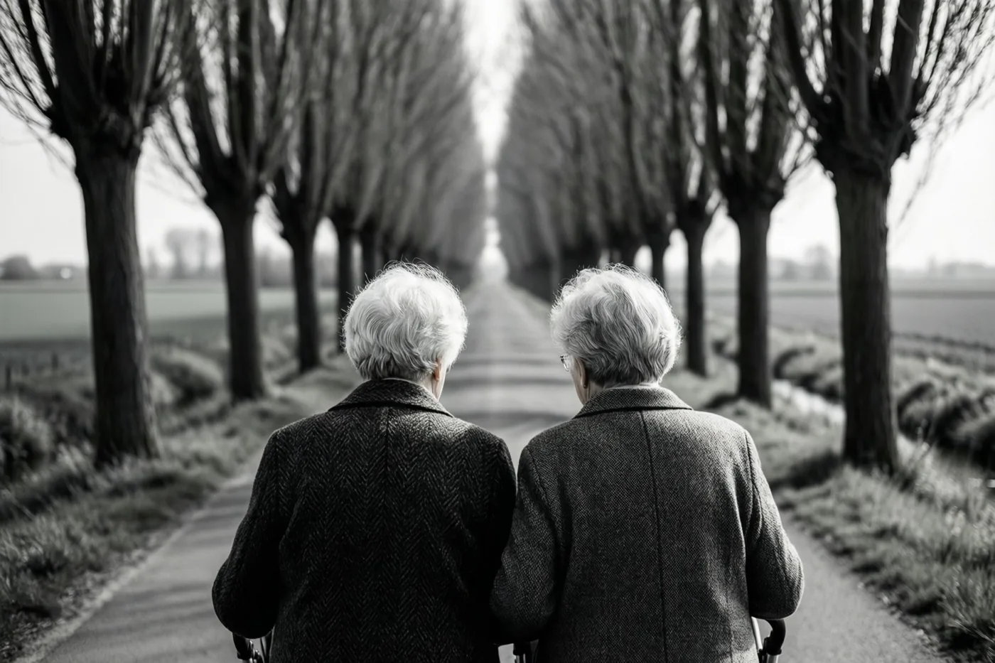Een zwart-witfoto toont twee oudere mensen met wit haar van achteren terwijl ze over een verharde weg met knotwilgen wandelen.