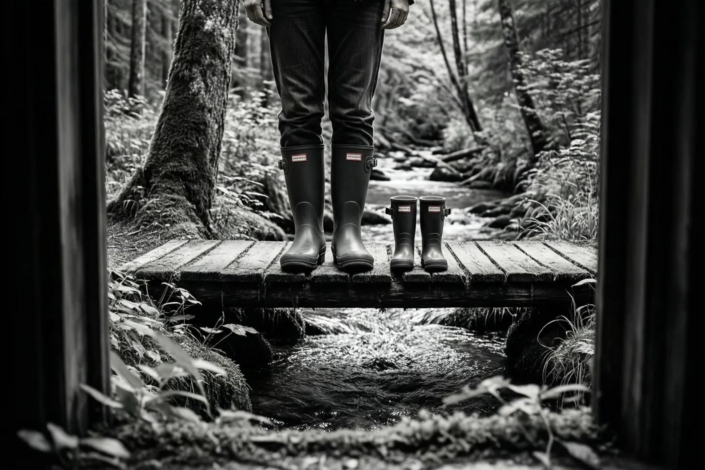 Benen met grote en kleine regenlaarzen staan op een houten brug over een bosbeek, met donkere verticale randen aan weerszijden van het beeld.