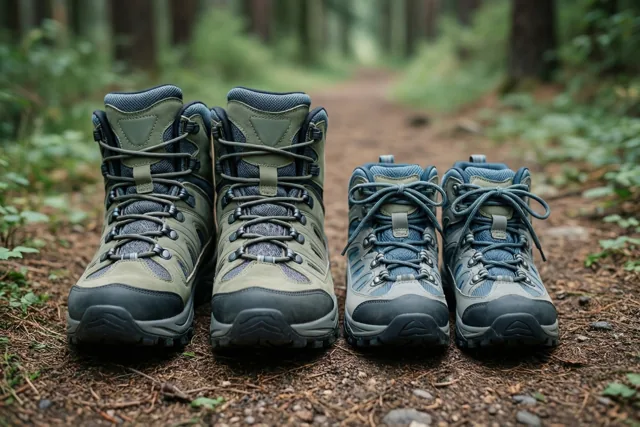 Twee paar wandelschoenen, een groot en een klein paar, staan naast elkaar op een onverhard pad in een groen bos.