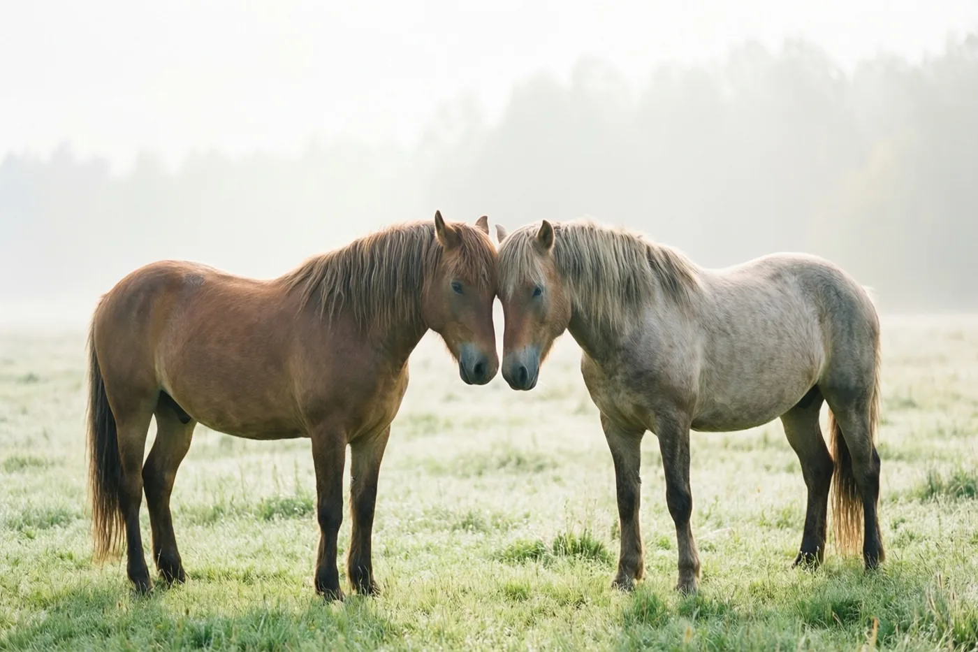 Twee paarden staan tegenover elkaar met hun hoofden bijeen in een mistige weide, met zacht licht en wazige bomen op de achtergrond.