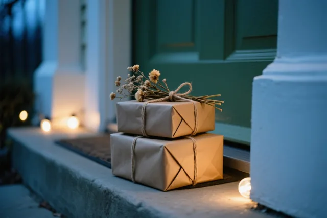 Twee cadeaus in bruin papier met touw en droogbloemen staan op een drempel, met warme lichtslingers op de achtergrond in de schemering.