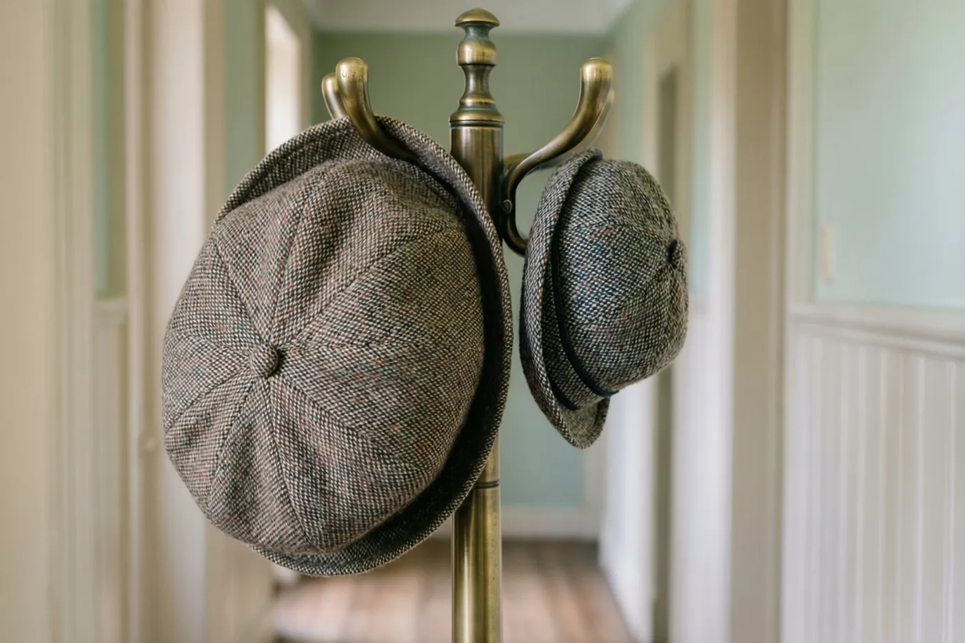 Een grote en een kleine tweedpet hangen naast elkaar aan een messing kapstokhaak in een hal met wandpanelen in warme beige en bruine tinten.