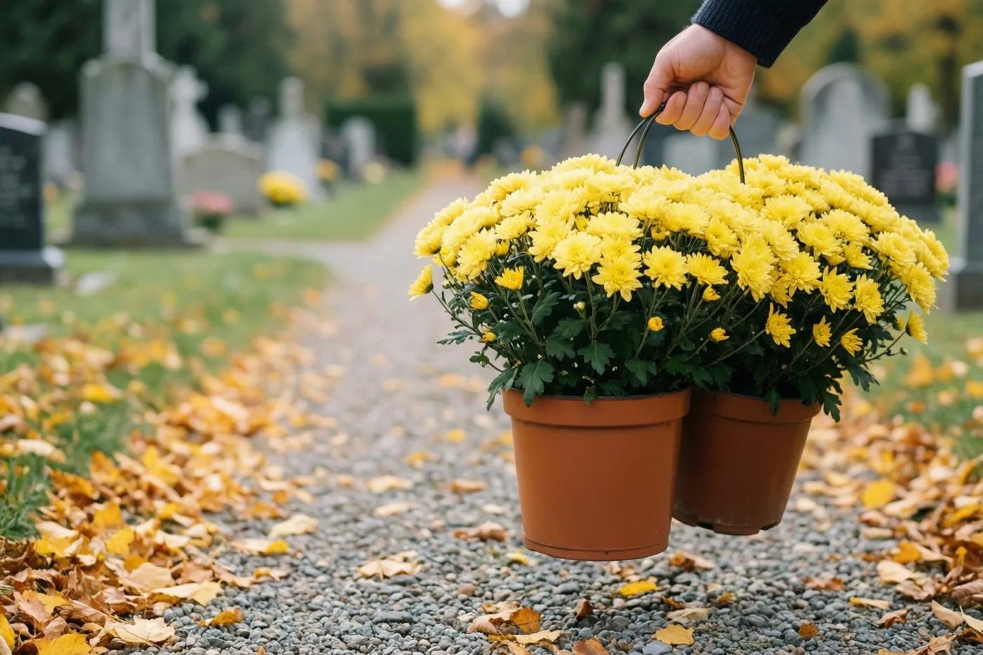 Een hand draagt twee potten felgele chrysanten langs een grindpad met afgevallen goudgele bladeren, met onscherpe grafstenen op de achtergrond.