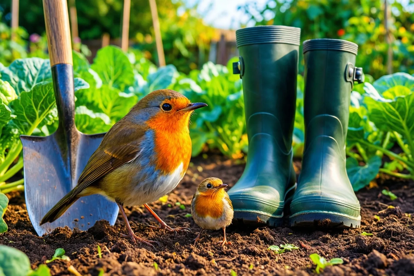 Twee roodborstjes, een groter en een kleiner, staan op omgewoelde aarde naast een spade en groene rubberlaarzen in een zonnige moestuin.