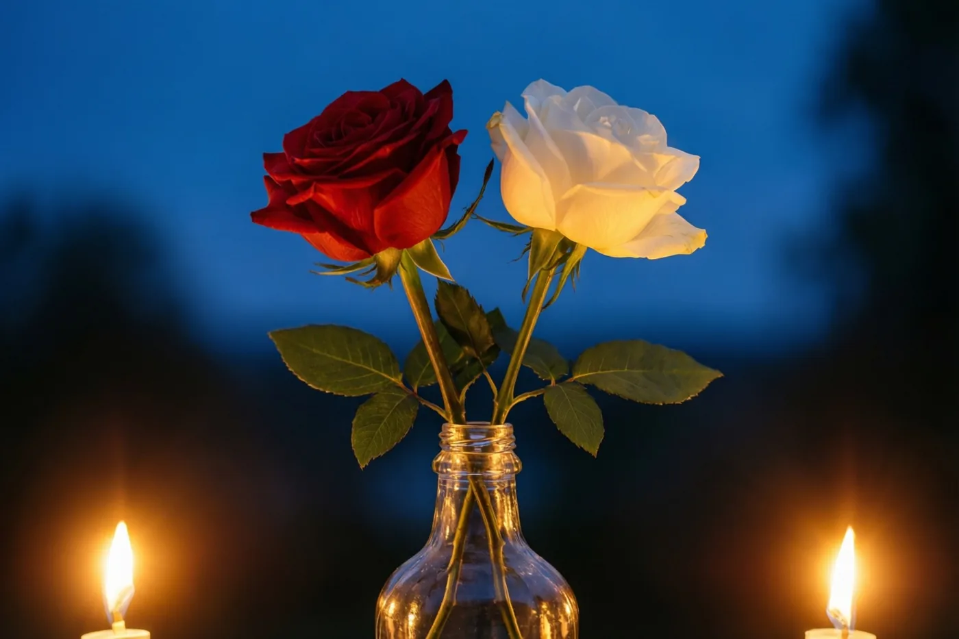 Een rode en een witte roos met verstrengelde stelen staan in een doorzichtige glazen fles, met aan weerszijden een brandende kaars tegen een diepblauwe schemerlucht.
