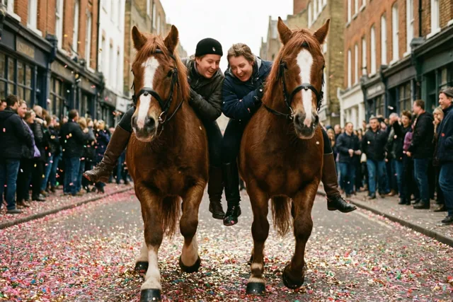 Te paard door de confetti