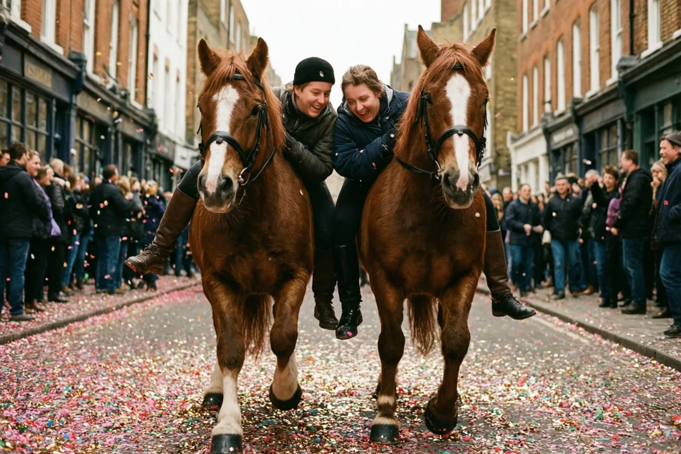 Twee mensen rijden naast elkaar op twee bruine paarden door een smalle straat met bakstenen gevels en kleurrijke confetti, terwijl toeschouwers op de voetpaden staan.