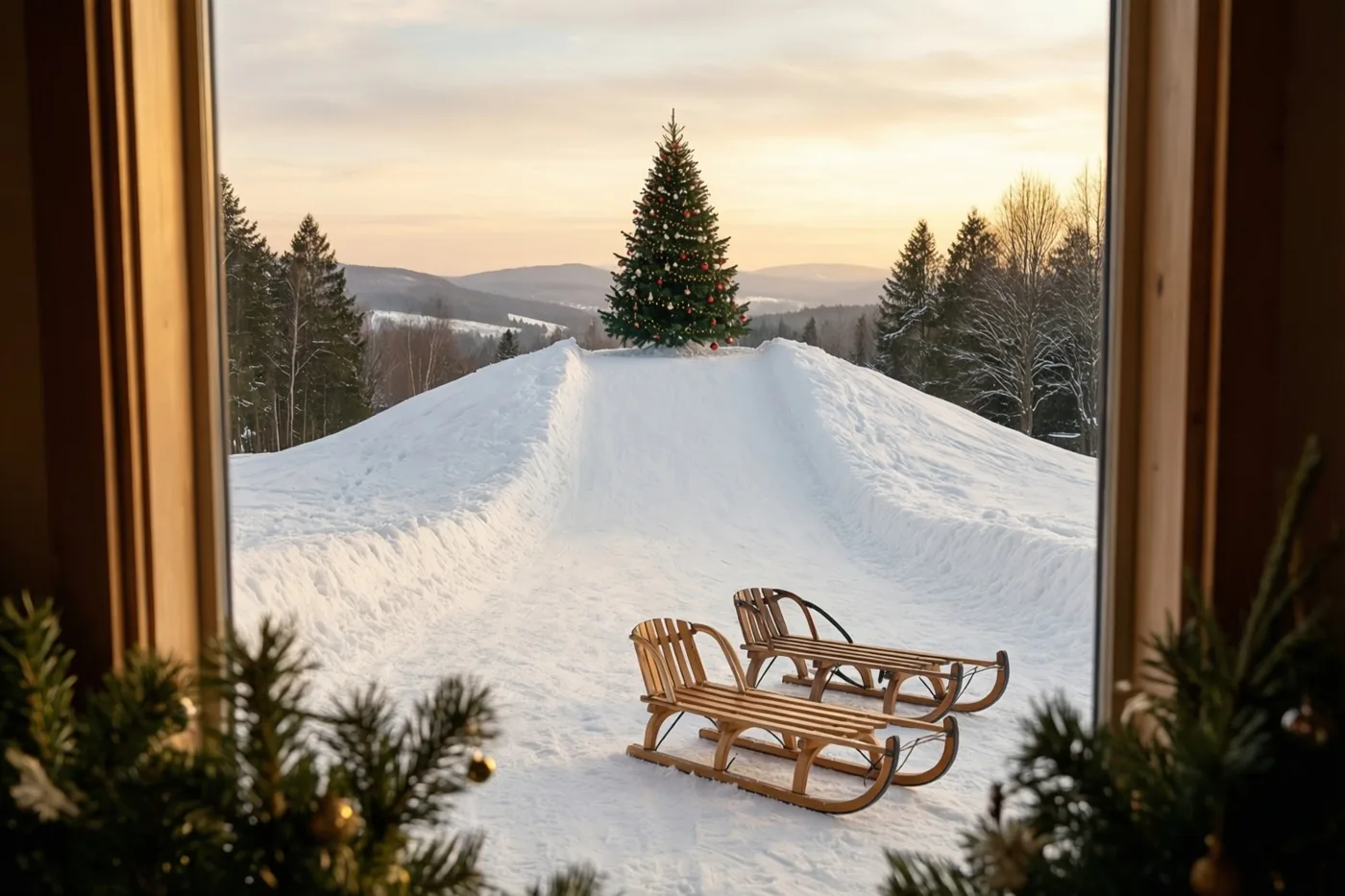Door een raam met een houten omlijsting zijn twee houten sleeën onderaan een besneeuwde heuvel en een versierde kerstboom bovenaan te zien in goudkleurig schemerlicht.
