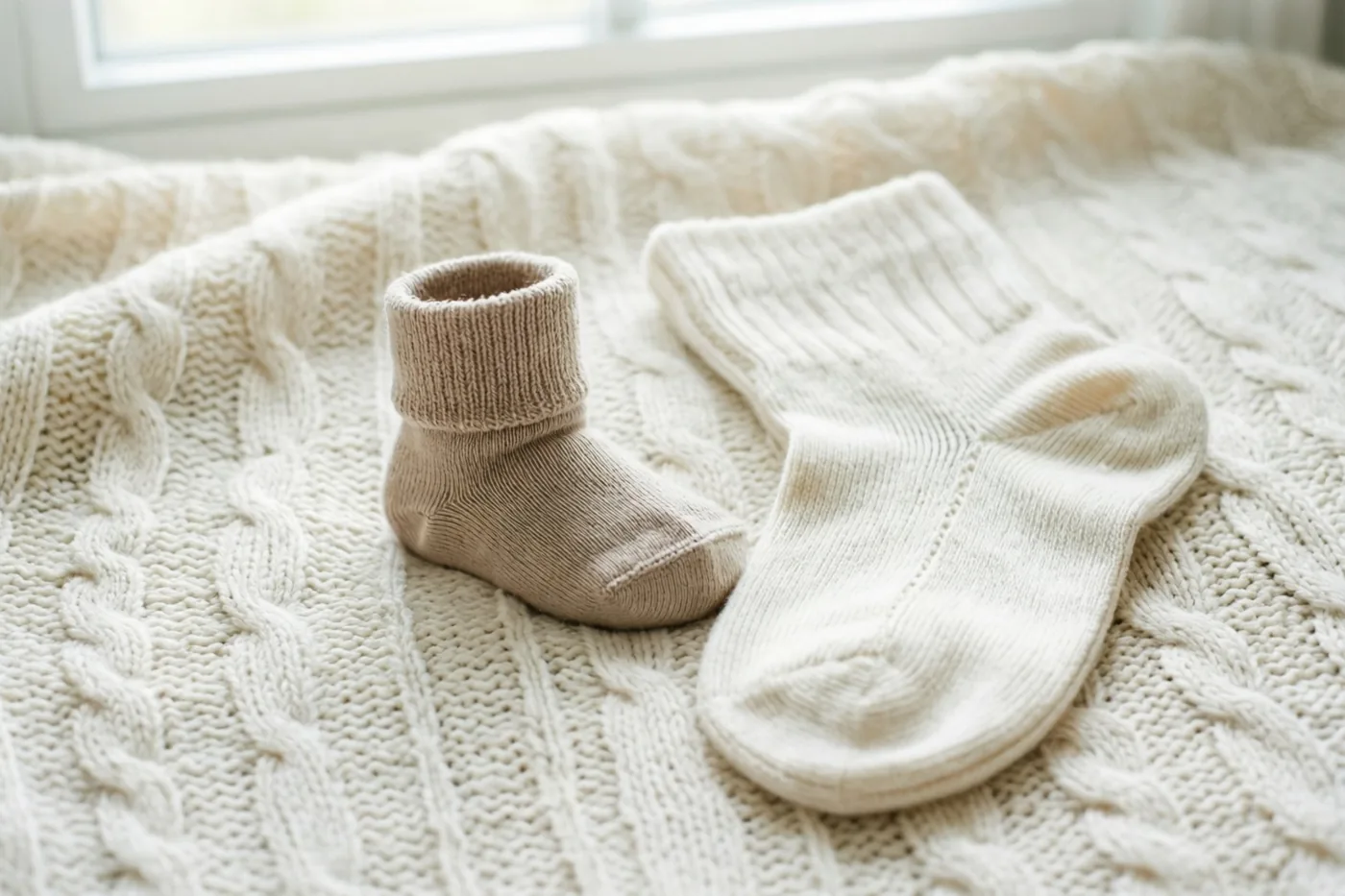 Een klein beige babysokje ligt naast een grotere gebroken witte sok voor volwassenen op een crèmekleurige kabelgebreide deken, met zacht licht van een raam op de achtergrond.