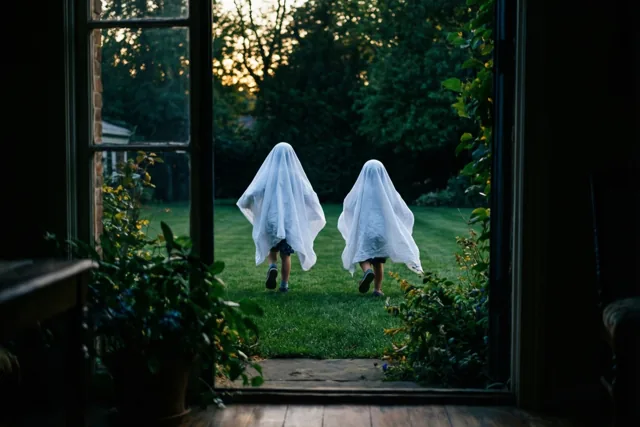 Vanuit een open deuropening zijn twee kinderen onder witte spooklakens van achteren te zien terwijl ze over een groen gazon rennen in warm avondlicht.