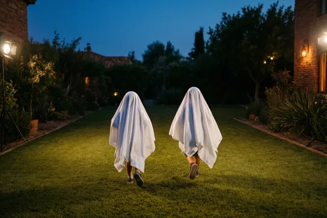 Twee kinderen in witte spooklakens rennen van de kijker weg over een groen gazon onder een diepblauwe avondlucht, verlicht door warm kunstlicht.