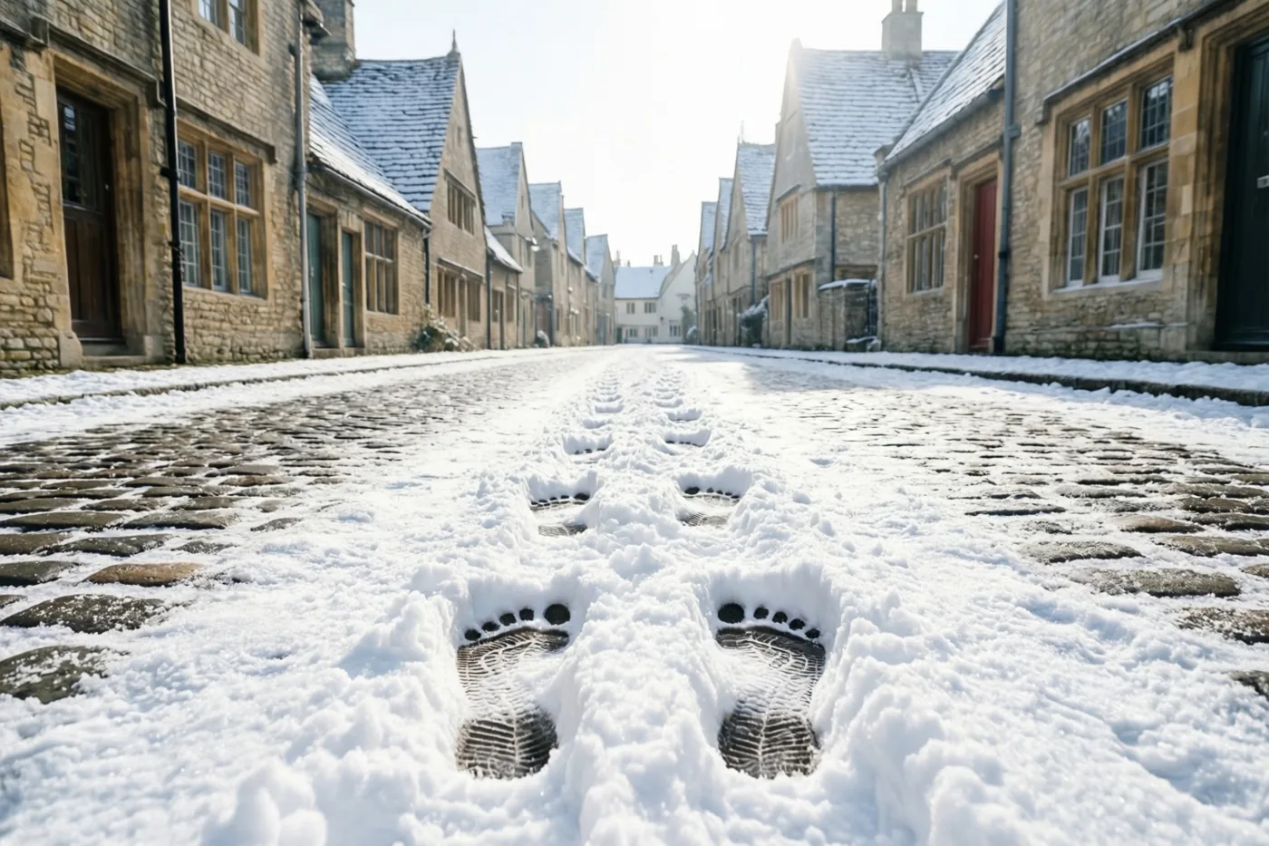 Twee reeksen voetstappen liggen naast elkaar in verse sneeuw op een kasseistraat tussen stenen gebouwen met trapgevels onder een heldere hemel.