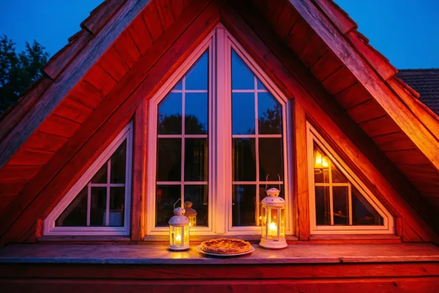 Bij het raam van een houten huis met trapgevel staan twee lichtgevende sterlantaarns en een galette op de vensterbank, in oranje en rood licht onder een donkerblauwe avondhemel.