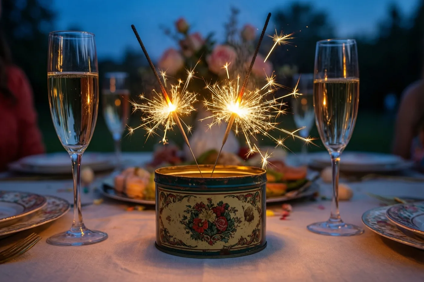 Twee brandende sterretjes staan in een oud bloemenblik op een gedekte tafel met champagnecoupes, borden en een bloemstuk tegen een schemerblauwe achtergrond.