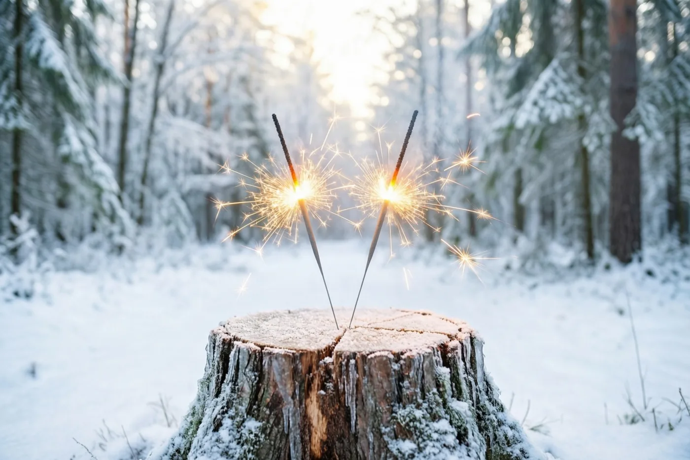 Twee sterretjes verspreiden goudkleurig licht op een licht besneeuwde boomstronk op een open plek in een winters bos met blauwe en witte tinten.