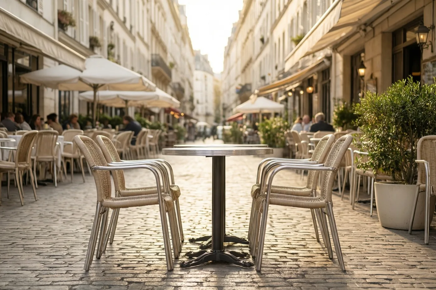 Op een caféterras aan een kasseistraat staan twee lege stoelen tegenover elkaar in warm goudkleurig zonlicht.