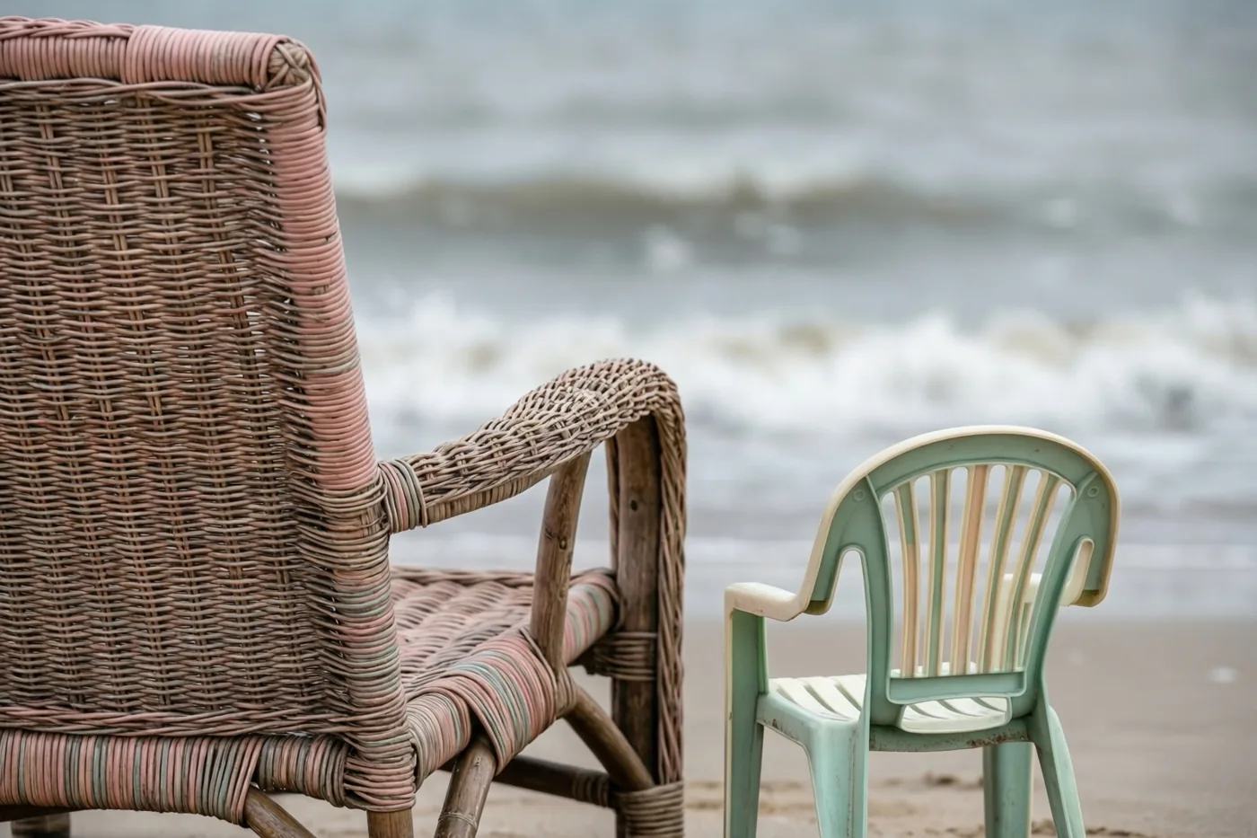 Een grote rieten strandstoel en een kleine plastic strandstoel staan naast elkaar op een zandstrand tegenover grijze zeegolven, in zachte bruine, beige en lichtgroene tinten.