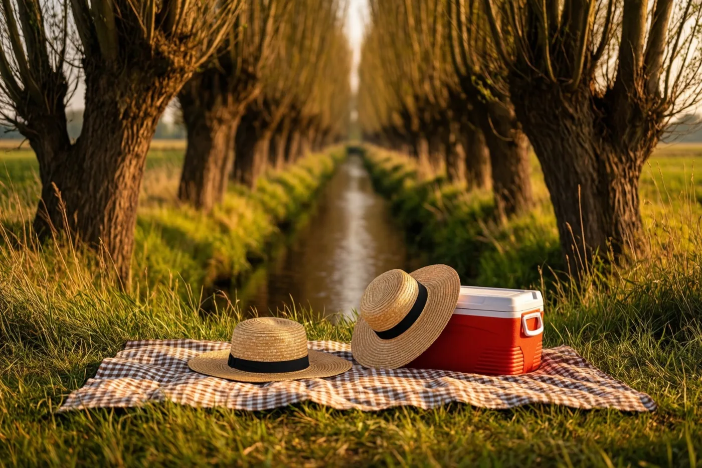 Een picknickdeken met twee strohoeden en een rode koelbox ligt in het gras naast een smalle sloot met rijen knotwilgen in goudkleurig licht.
