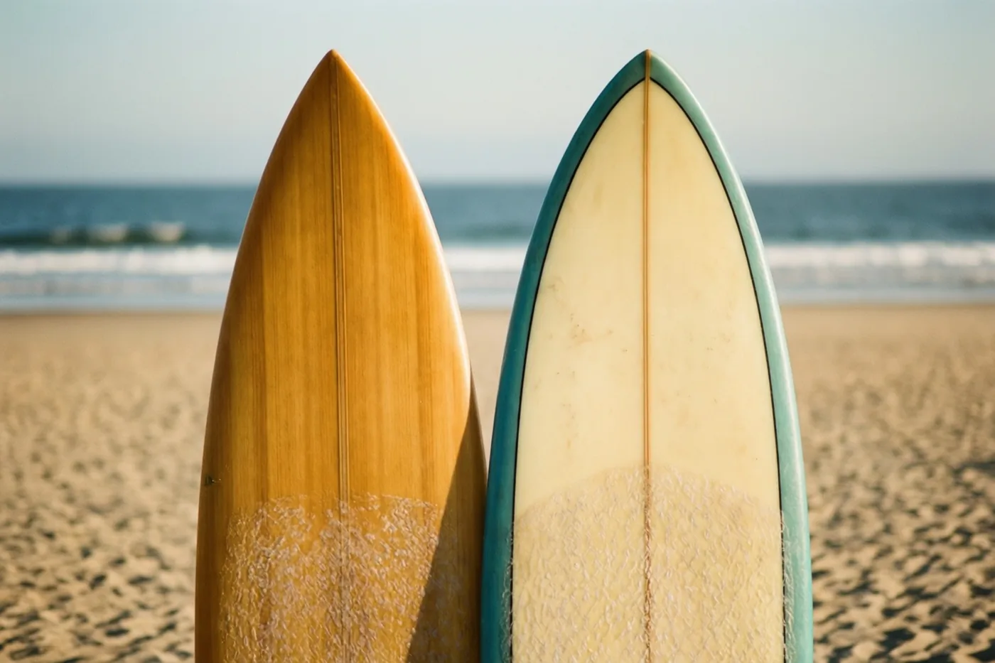 Twee surfplanken staan rechtop naast elkaar in het zand op een breed strand, met zee en lucht op de achtergrond in beige, blauw en lichtgeel.