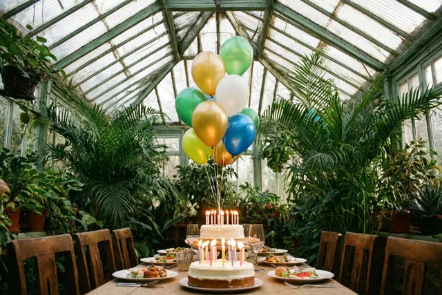 In een veranda vol groene planten staat een lange houten lunchtafel met twee taarten met brandende kaarsjes en kleurrijke ballonnen onder een glazen dak.