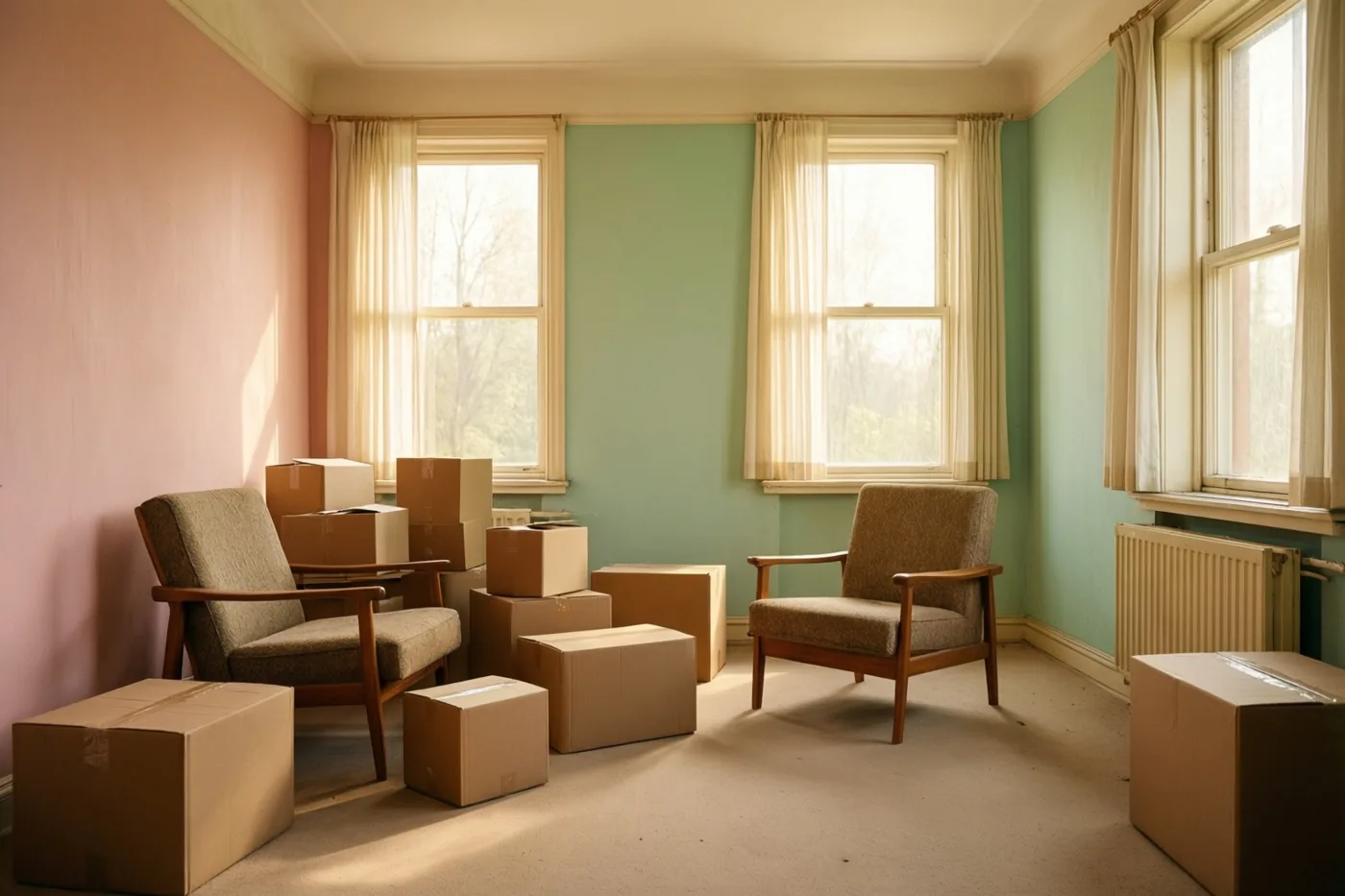 Twee teakhouten fauteuils en talrijke kartonnen verhuisdozen staan in een verder lege kamer met drie ramen en vaalroze en mintgroene muren, in zacht zonlicht.