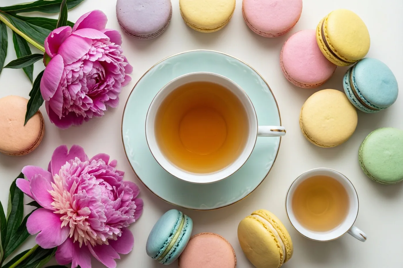 Van bovenaf zijn een grote en een kleine porseleinen kop gevuld met thee te zien, met pastelkleurige macarons en twee roze pioenrozen op een effen witte ondergrond.