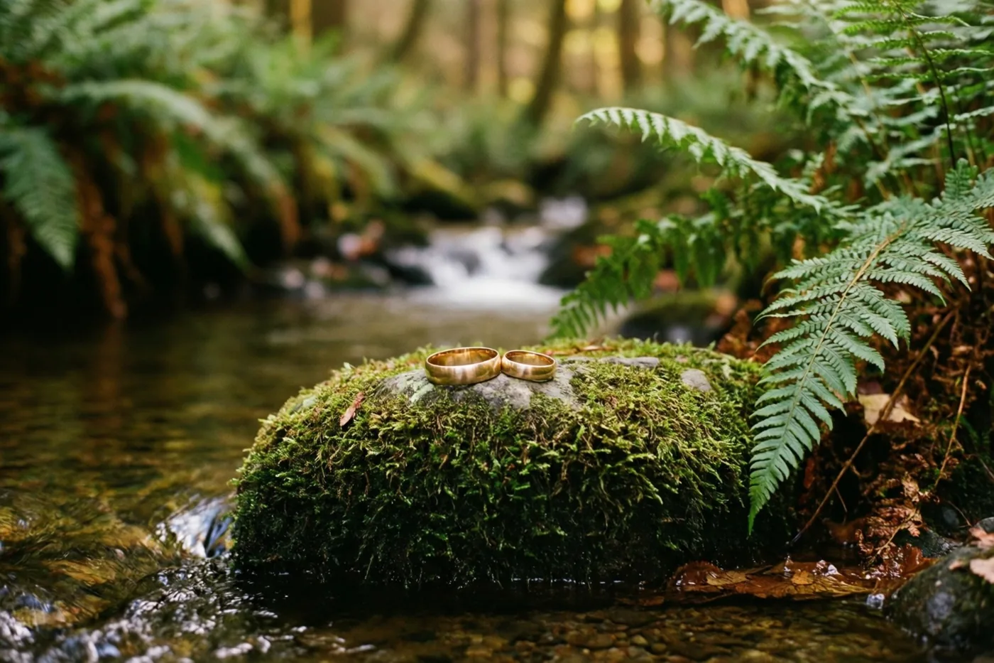 Twee gouden trouwringen liggen op een met mos begroeide steen in een heldere bosbeek, omringd door groene varens en aardetinten.