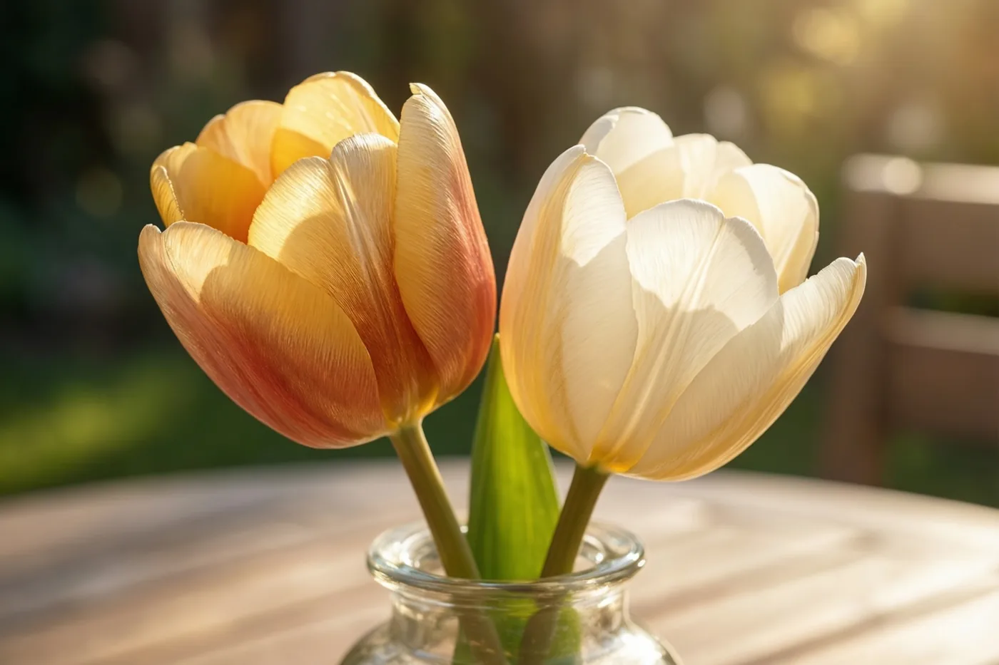 Een geeloranje en een witte tulp leunen tegen elkaar in een doorzichtige glazen vaas op een houten tafel, met warm zonlicht en een onscherpe buitenachtergrond.
