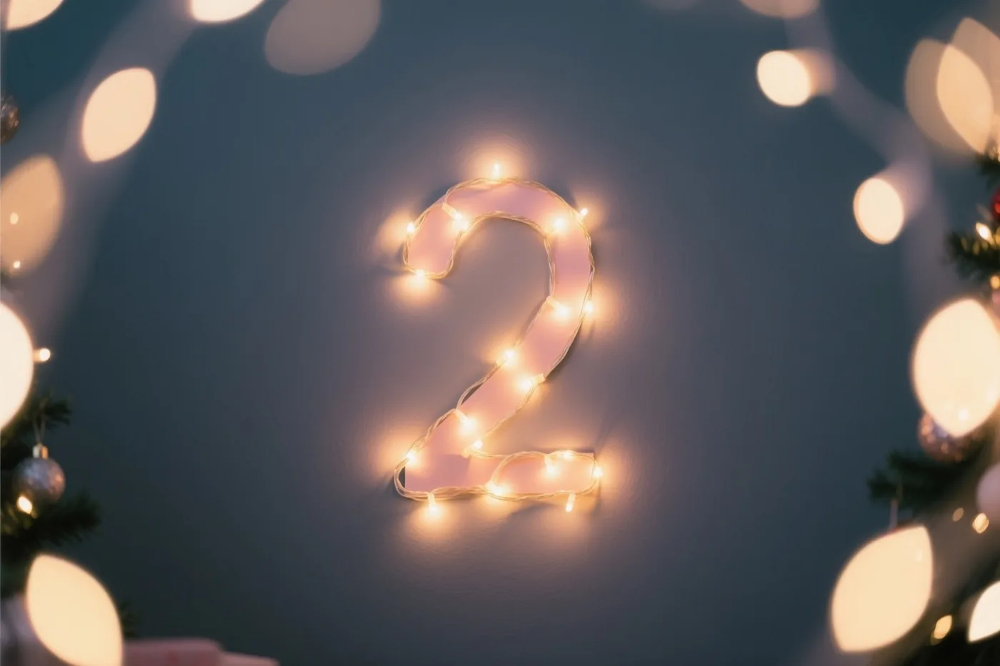 Warme lichtjes vormen het cijfer 2 op een donkere muur, omlijst door wazige feestlichtjes en kerstboomtakken.