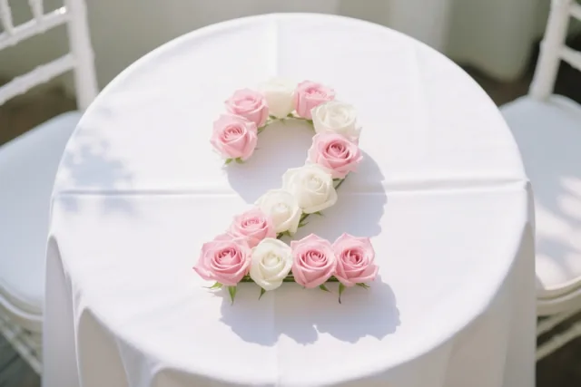 Roze en witte rozen vormen het cijfer 2 op een wit tafelkleed, van bovenaf gefotografeerd in een lichte omgeving.