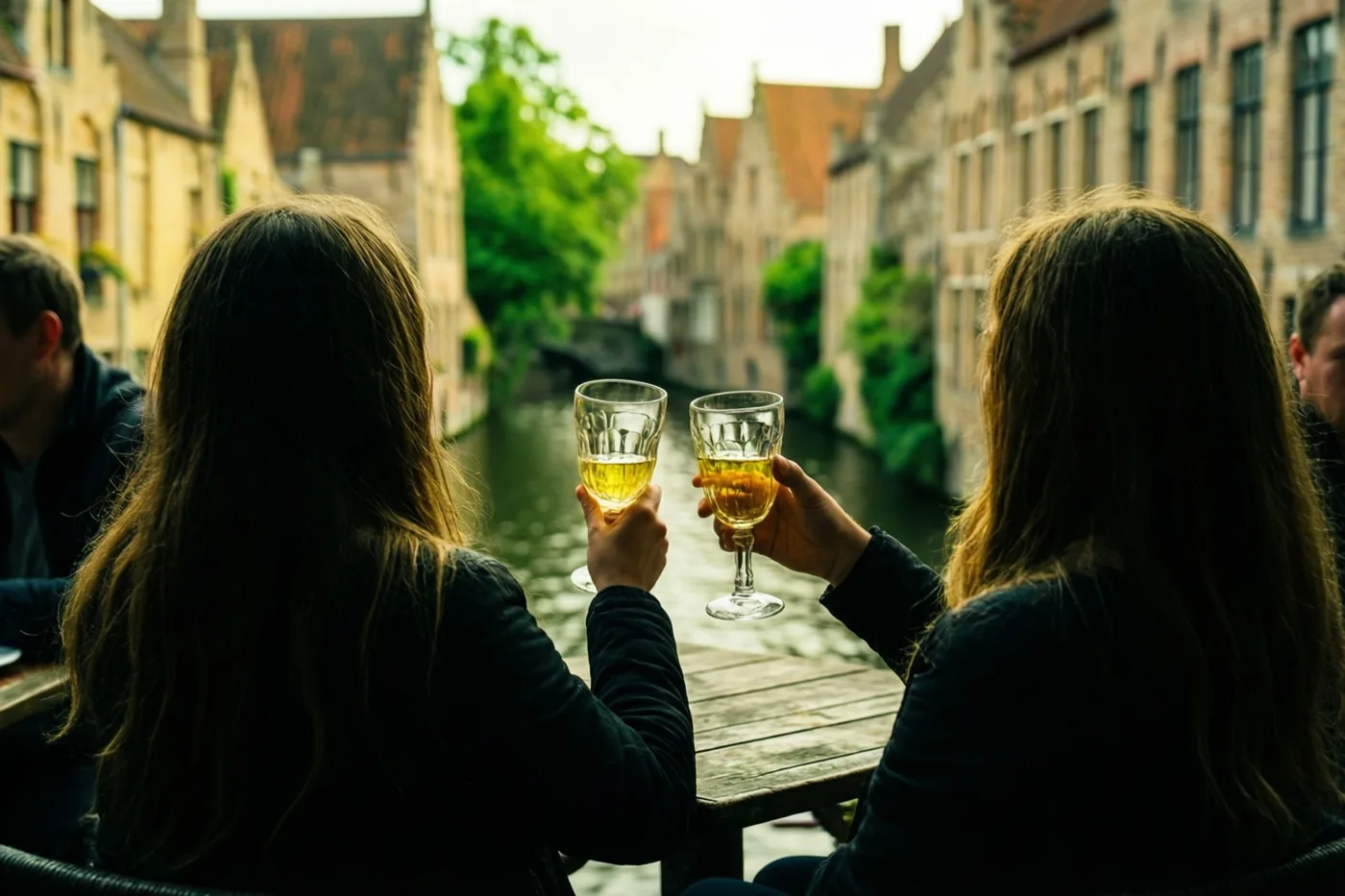 Twee vrienden zijn van achteren te zien terwijl ze glazen met goudkleurige drank heffen op een houten terras aan een kanaal met historische gebouwen.