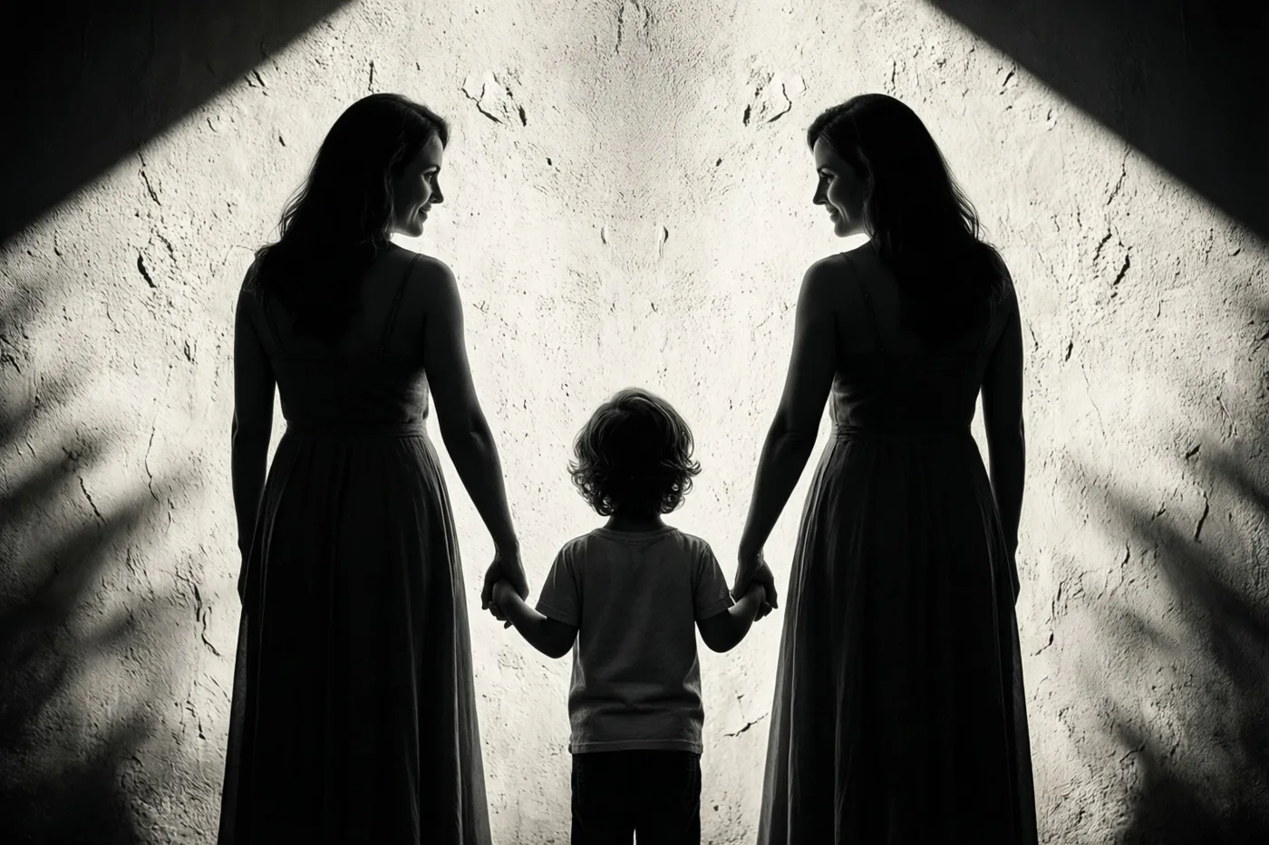 Twee vrouwen en een kind staan rug aan rug en houden handen vast als silhouetten tegen een zonovergoten muur met structuur op een zwart-witfoto.