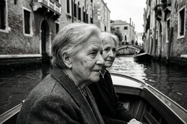 Twee oudere vrouwen zitten in een klein bootje dat langs historische bakstenen gebouwen aan een kanaal vaart, op een zwart-witfoto.