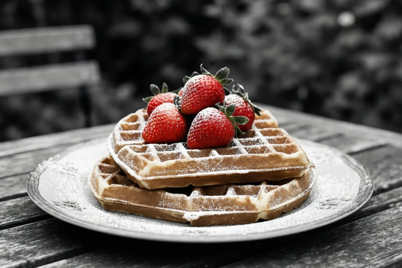 Twee wafels met bloemsuiker en verse aardbeien liggen op een wit bord op een houten tuintafel, waarbij de wafels en aardbeien in kleur zijn en de achtergrond zwart-wit is.
