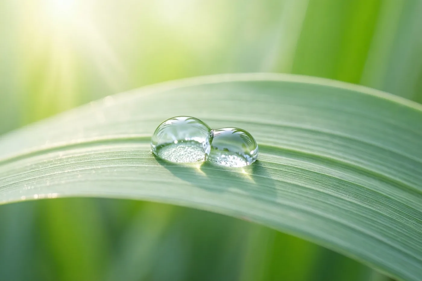 Twee heldere waterdruppels vloeien samen op een gebogen groen blad met zonlicht van achteren en een onscherpe groene achtergrond.