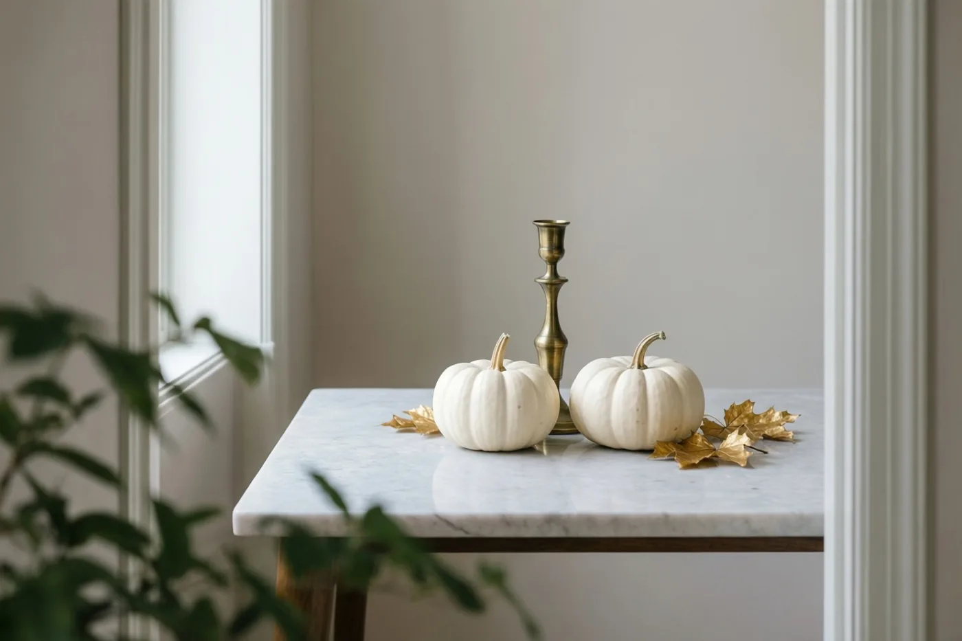 Twee witte pompoenen, een messing kaarsenhouder en goudkleurige bladeren staan op een lichte marmeren tafel, omlijst door een wit bouwelement in zacht daglicht.