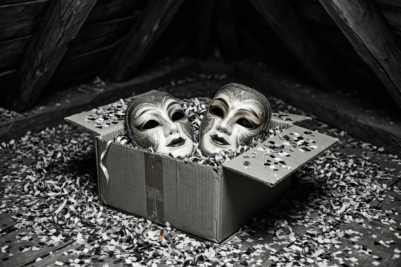 Twee sierlijke zilveren maskers liggen in een open kartonnen doos met confetti op een houten vloer in een schemerige zolderruimte, op een monochrome foto.