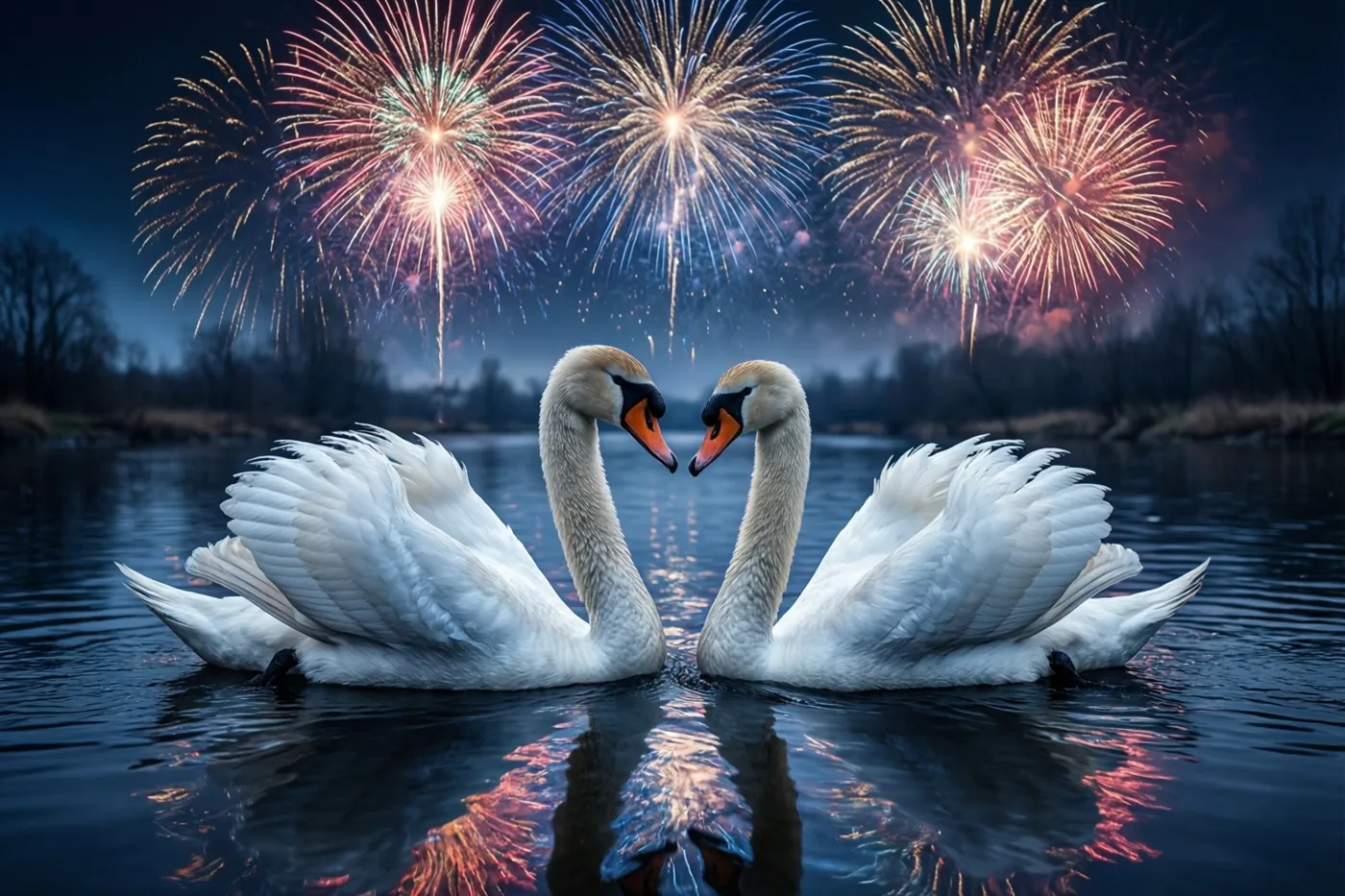 Twee witte zwanen kijken elkaar op een donkere rivier aan met hun halzen in een hartvorm, onder kleurrijk vuurwerk dat in het water weerspiegelt.