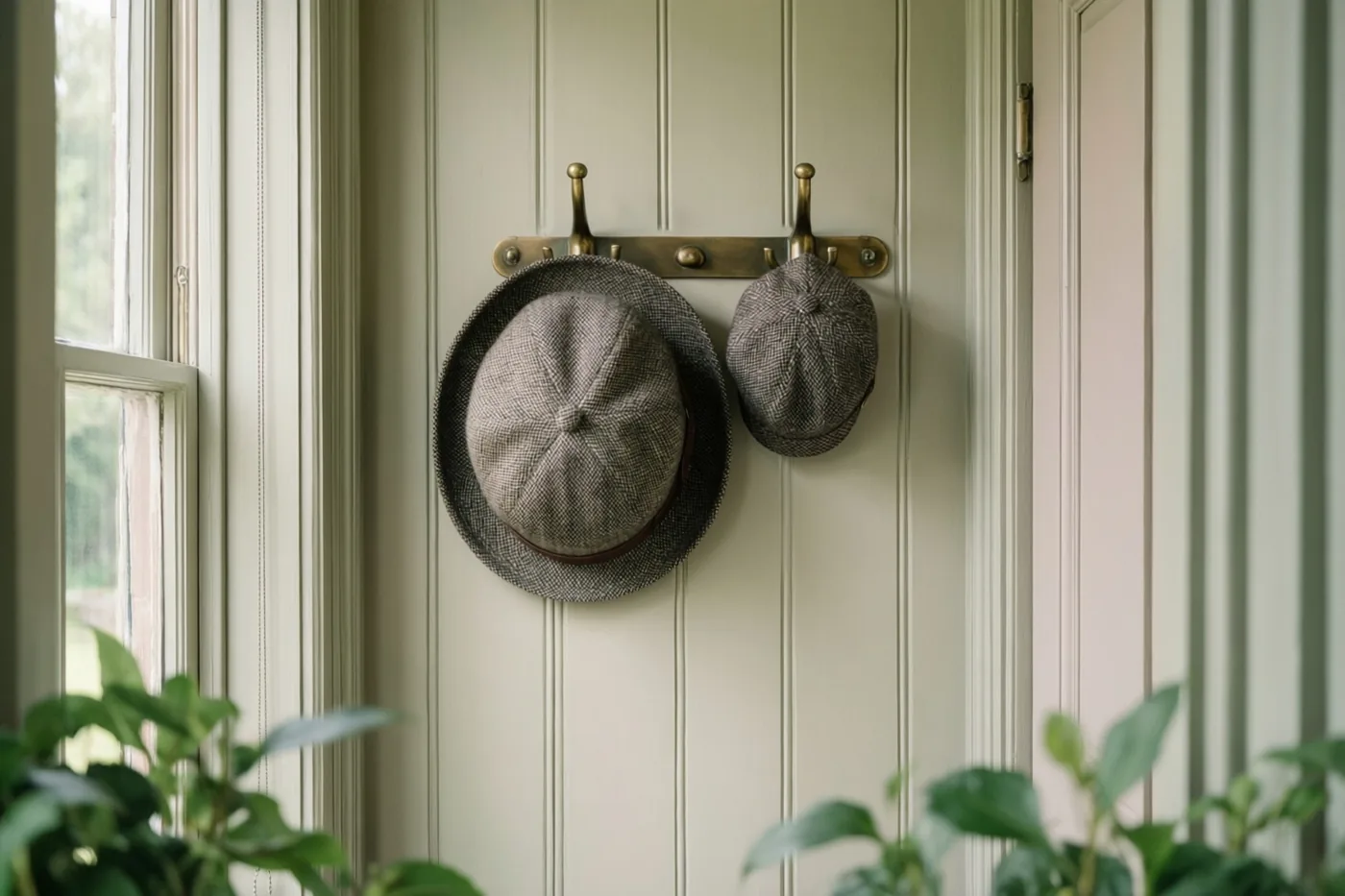 Een grote en een kleine tweedpet hangen aan een messing kapstokhaak tegen een lichte paneelwand, met links een raam en groene planten op de voorgrond.