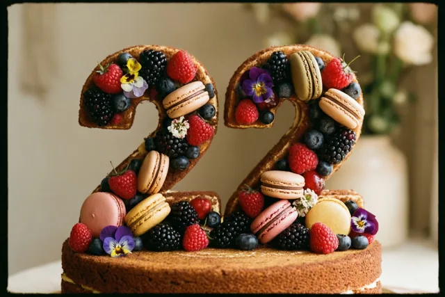 Een taart in de vorm van 22 met frambozen, bramen, blauwe bessen, macarons en eetbare bloemen staat voor een onscherpe bloemenvaas, met een zwarte rand rond het beeld.