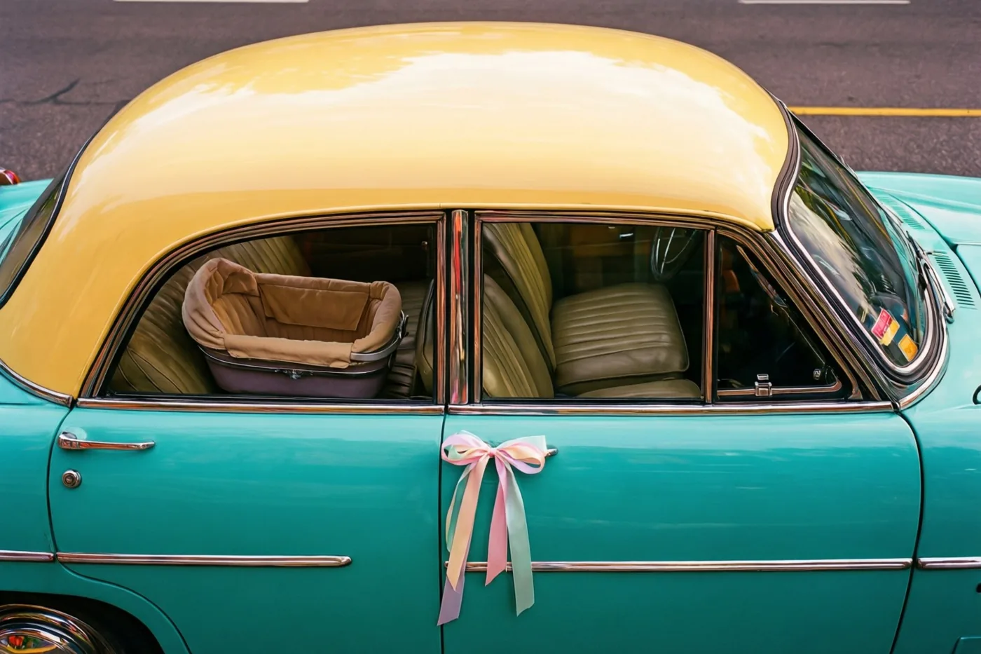 Een geel-blauwgroene auto uit de jaren vijftig heeft een reiswieg op de achterbank en een pastelkleurig lint aan de deurklink.