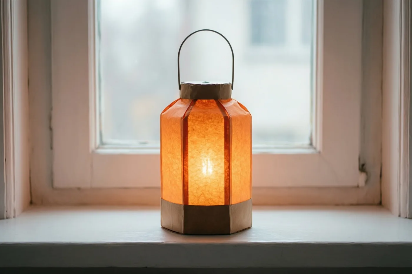 Een lichtgevende oranje en bruine papieren lampion staat op een witte vensterbank, met een onscherp raam op de achtergrond.