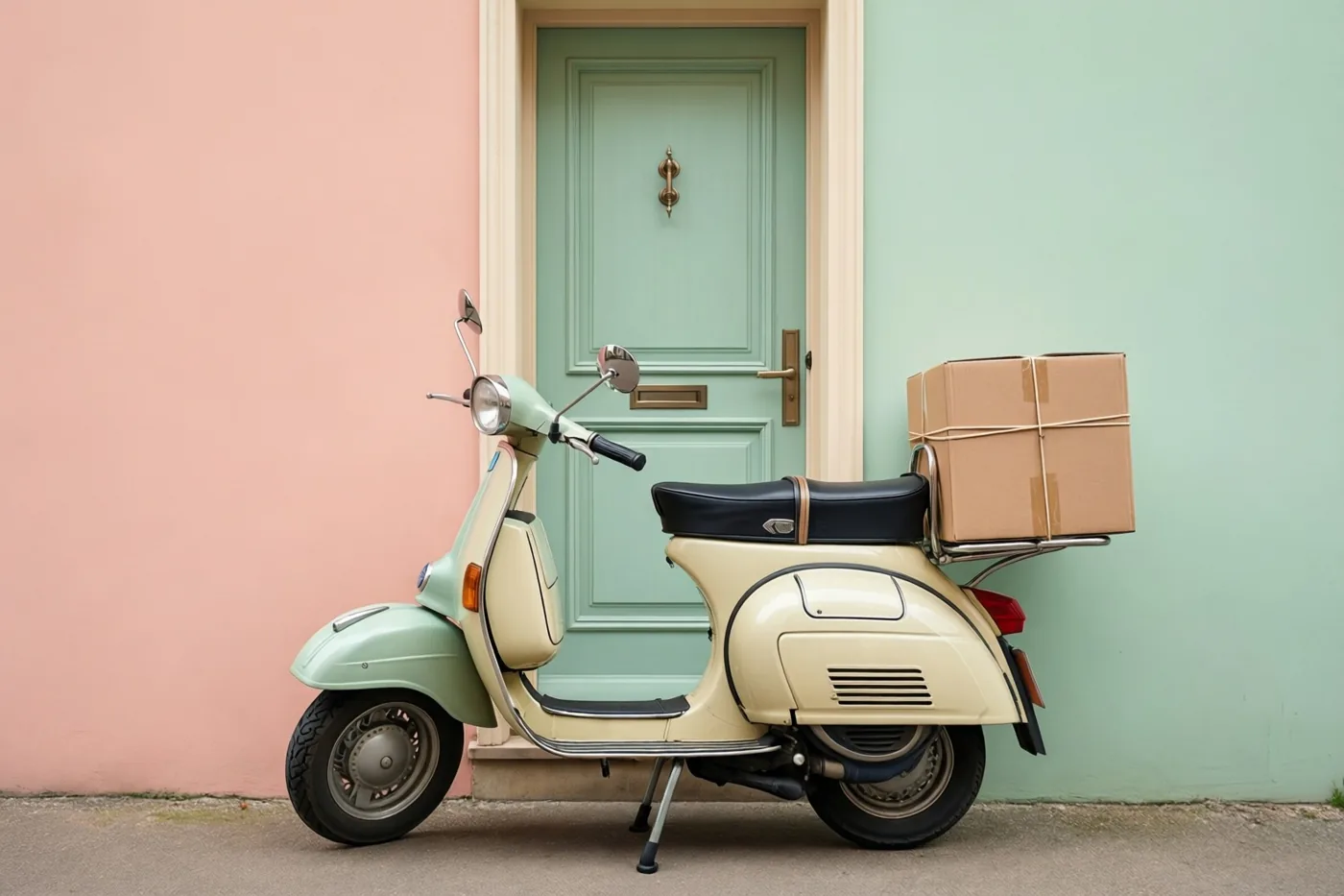 Een oude tweekleurige scooter met een kartonnen verhuisdoos vastgebonden op de bagagedrager staat voor een pastelkleurige muur en een lichtgroene voordeur.